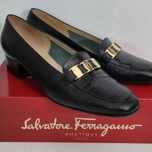 Salvatore Ferragamo Black Croc-Embossed Heels with Gold Accent